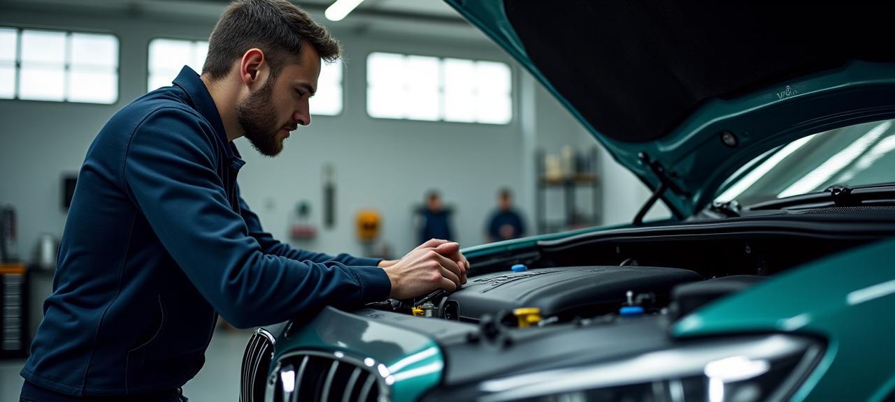 Mécanicien professionnel travaillant sur un moteur de voiture dans un atelier propre et moderne de Canopée Auto.